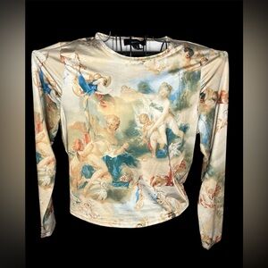 Forever 21 Cherub Angel Print Top Size 1X Stretch Silky Long Sleeve Y2K Art
